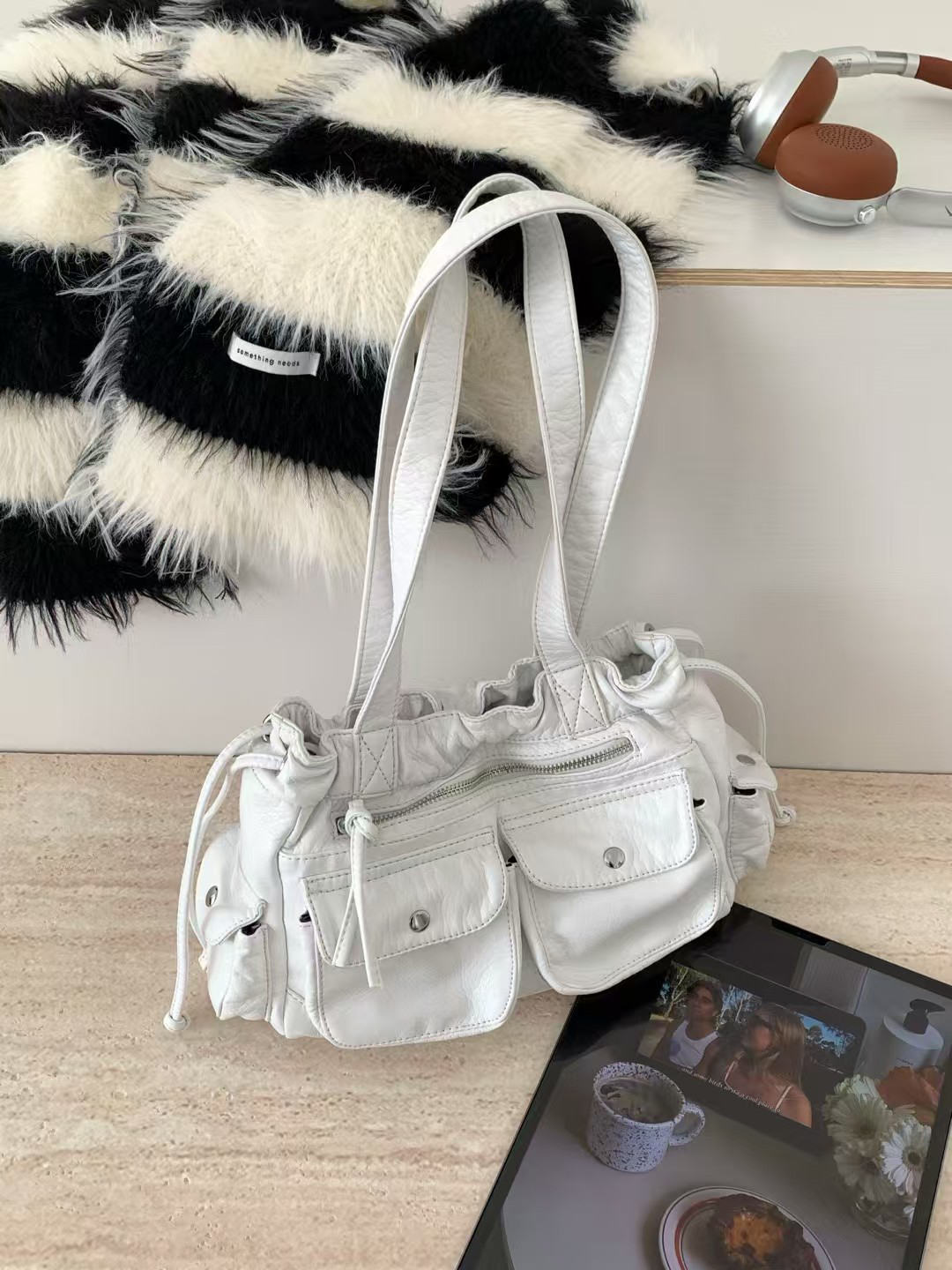 ANNA AMMONS Edgy Biker Shoulder Bag - Soft Leather Multi-Pocket Cargo Purse - ANNA AMMONS